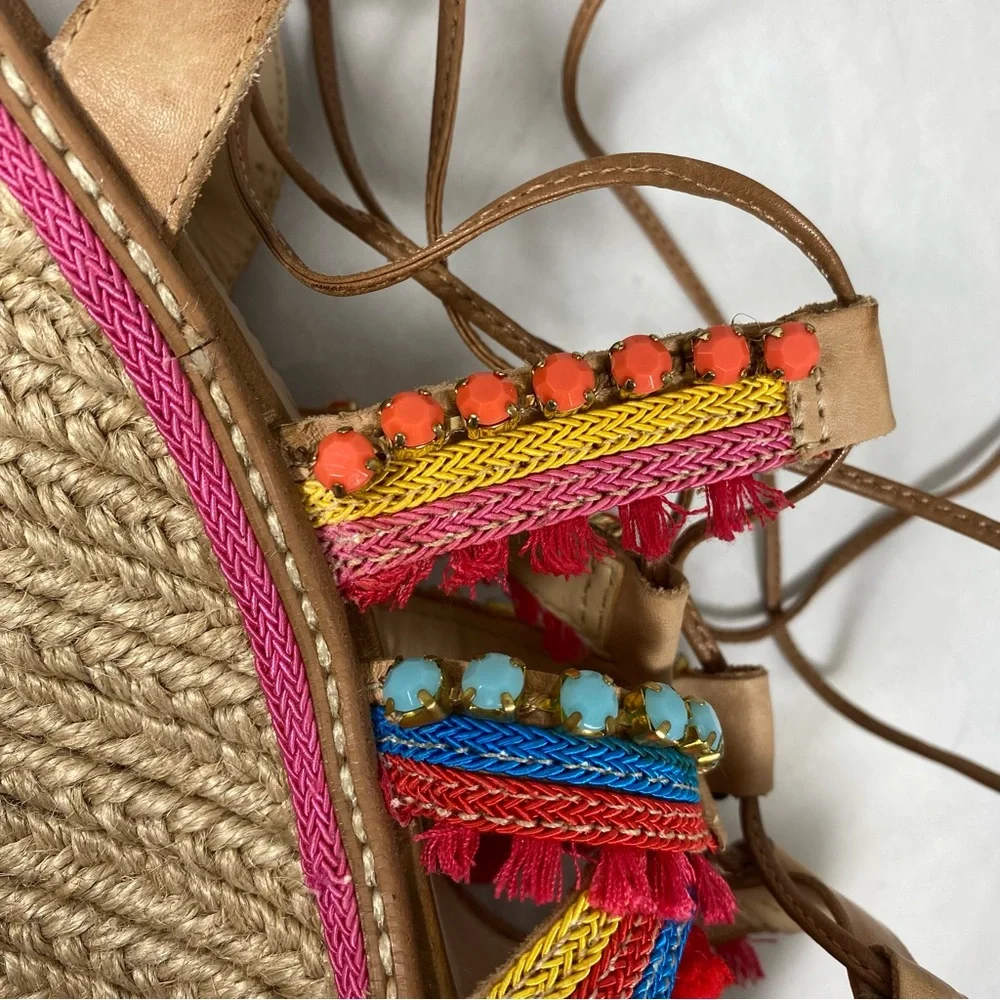 NEW Schutz Mella Espadrille Wedge Heel Sandal Pom Pom Jeweled 8.5